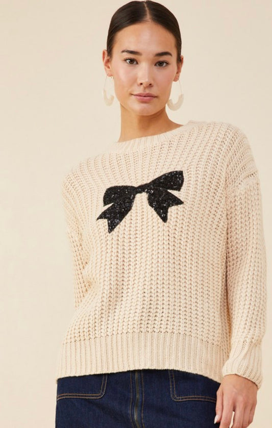 Low Gauge Sweater with Sequin Bow Patch